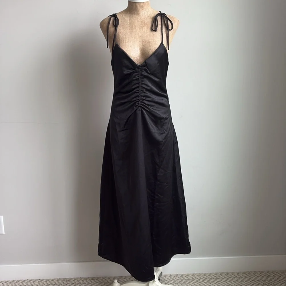 Jason Wu Black Satin Ruched Front Midi Dress Size MEDIUM NWOT